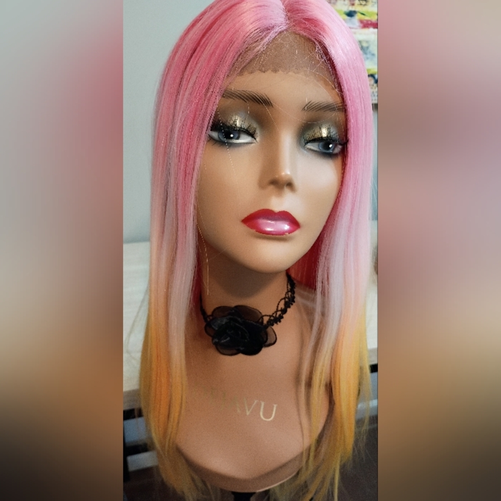 Long straight Pink To Orange Lace front t-part wig